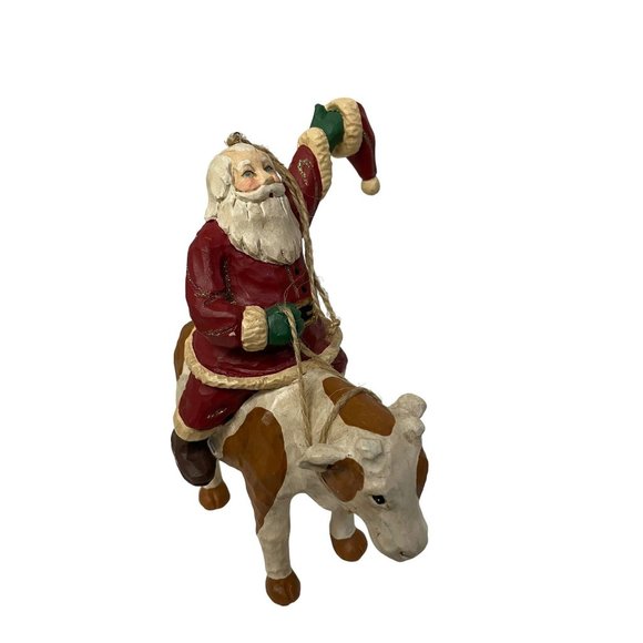 RODEO SANTA Christmas Ornament Bull Riding Waving Hat Twine String 7"H Holiday - Picture 1 of 9